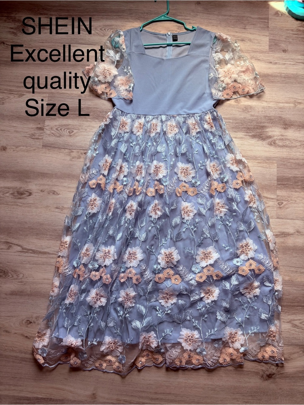 SHEIN blue Tulle Dress with Peach Floral Embroidery